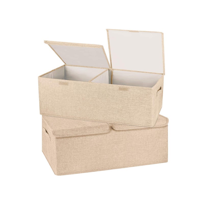 Valease 2 Pack Storage Boxes with Lids and Handles, Collapsible Linen Storage Bins Organizer Containers Baskets Cube with Removable Divider for Home Bedroom Closet Office (Khaki, Small) - Image 1